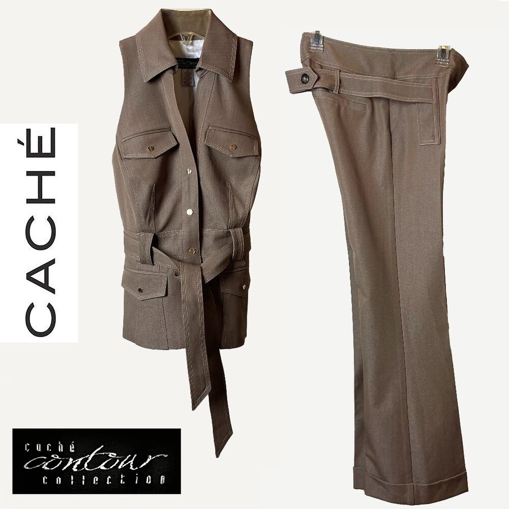 Cache Contour Collection | Luxe Brown Pants & Sleeveless Jacket Suit w/Belt EUC
